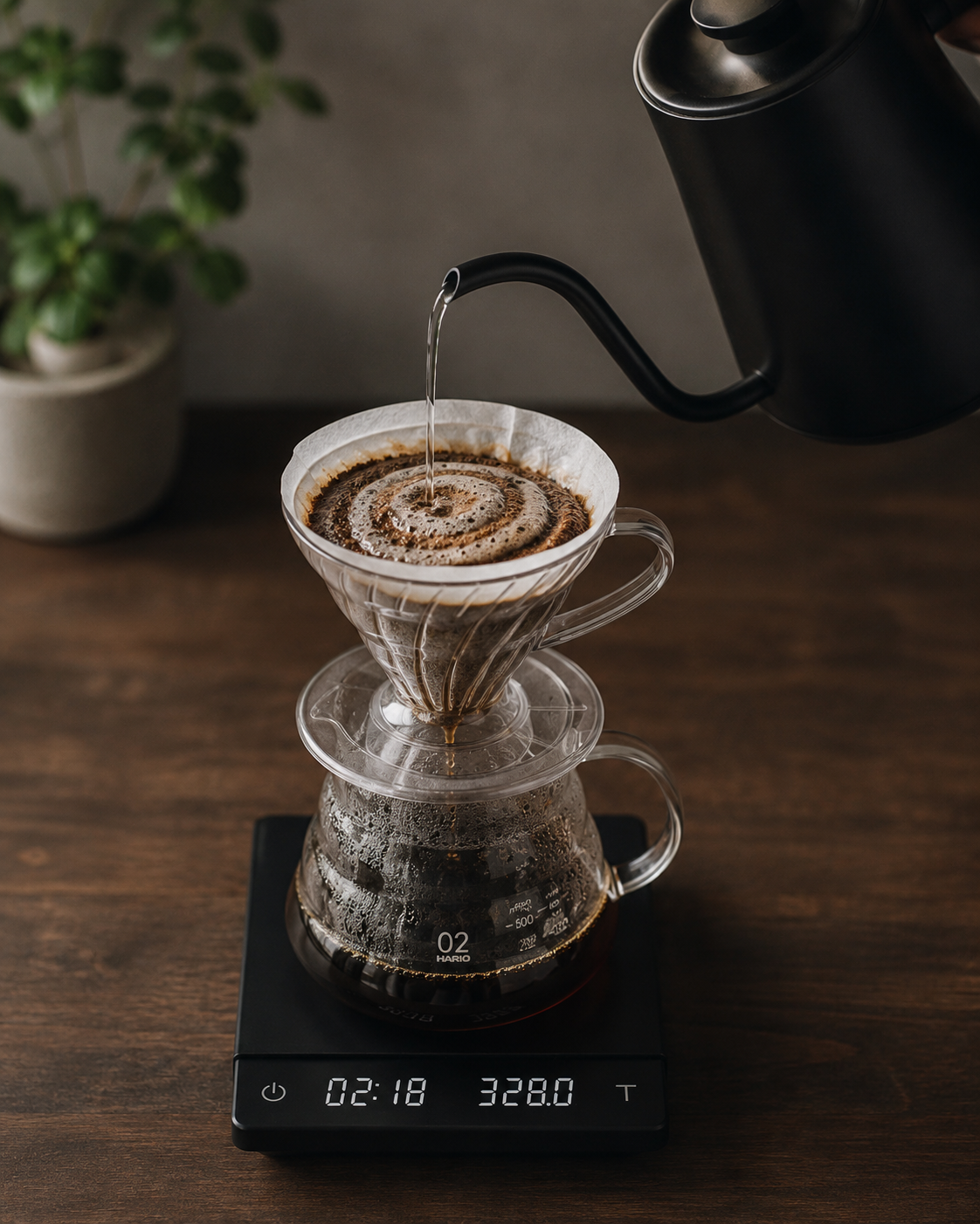 A gooseneck kettle pouring water in a slow spiral over a Hario V60 sitting on a digital scale